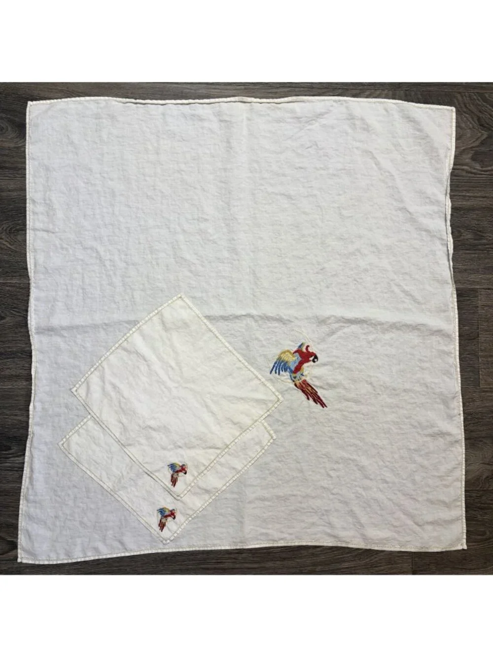 Vintage White Linen Tablecloth Napkins Hand Stitched Parrot Embroidery Tropical